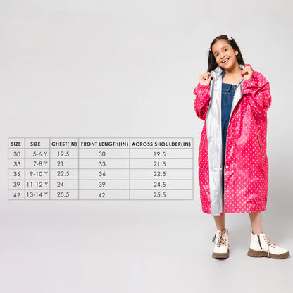 The Clownfish Drizzle Dot Series Kids Raincoat Waterproof Polyester Double Coating Reversible Longcoat with Hood and Reflector Logo at Back. Printed Plastic Pouch. Kid Age-11-12 years (Bubblegum Pink)