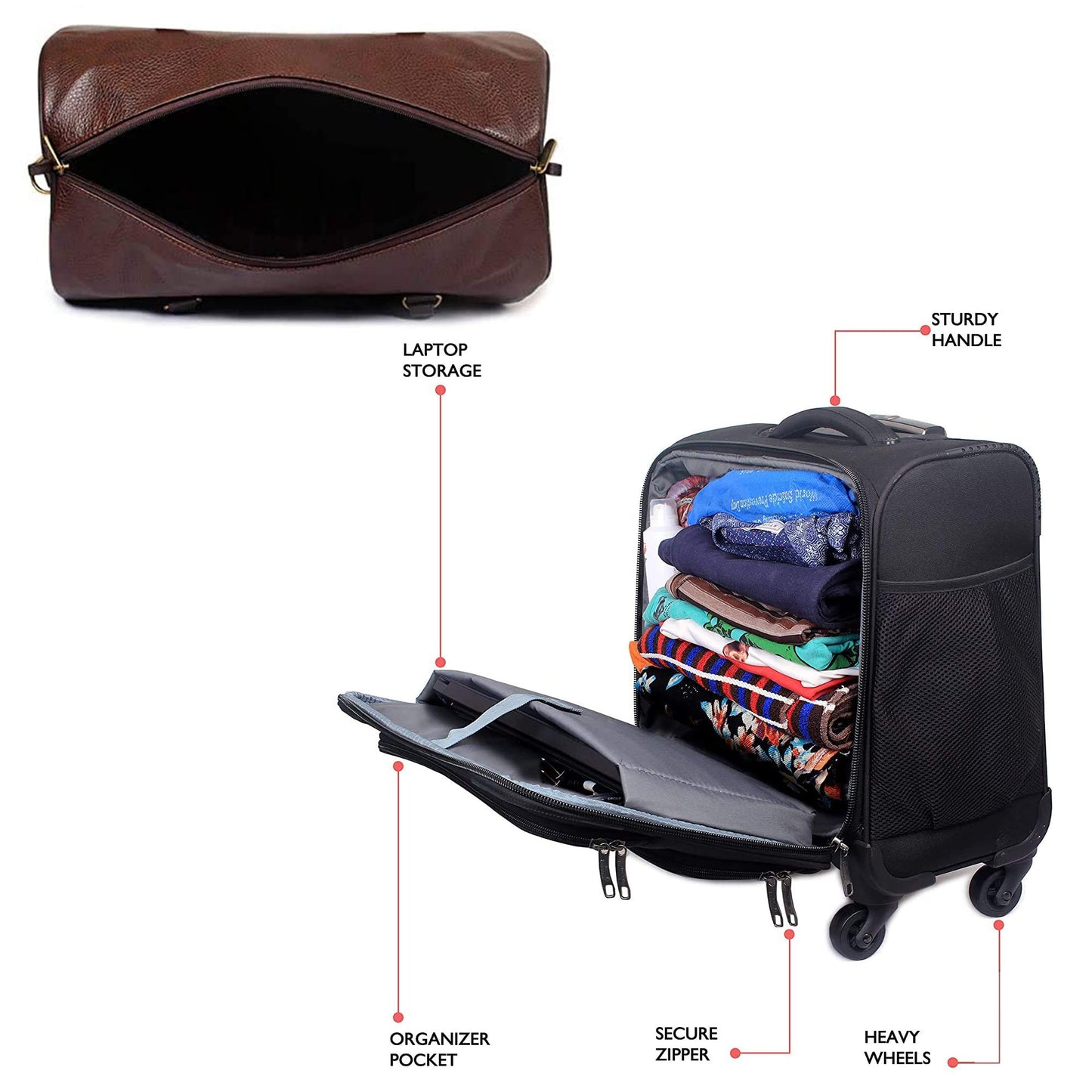 THE CLOWNFISH Combo of Wanderer Polyester 44 cms Jet Black Laptop Roller Case Onyx Faux Leather 15.6 inch Laptop Messenger Bag (Black)