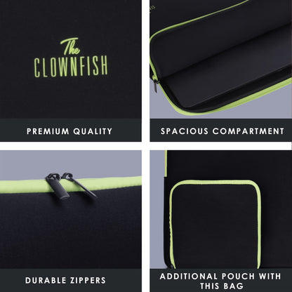 The Clownfish Jawa Series Neoprene Unisex 15.6 inch Tablet Case Laptop Sleeve Laptop Case Slipcase with Zip Pouch (Black with Green Top Piping)