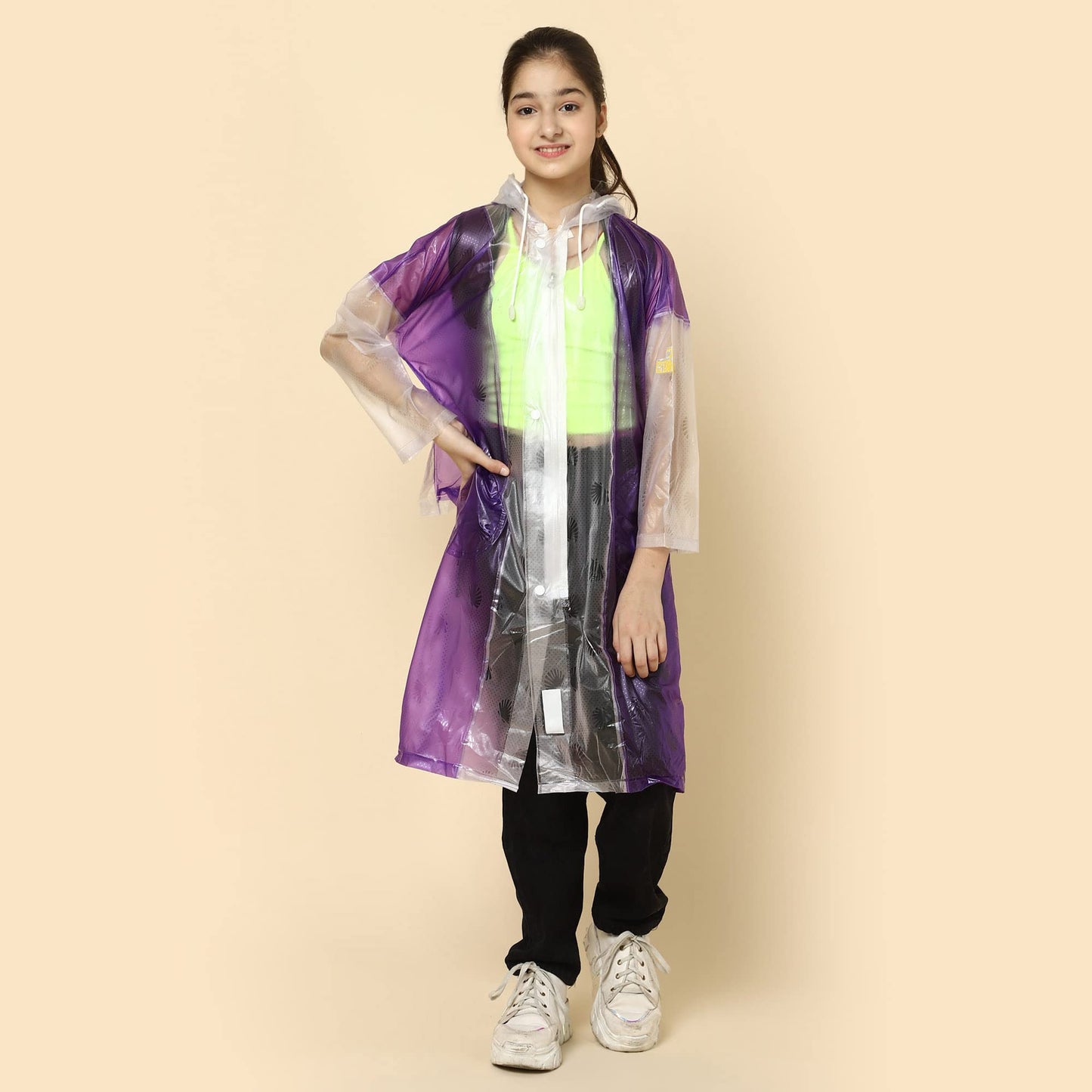 THE CLOWNFISH Laurel Series Kids Waterproof PVC Longcoat with Adjustable Hood & Extra Space for Backpack/Schoolbag Holding. Printed Plastic Pouch. Kid Age-4-5 years (Size-27-Purple)