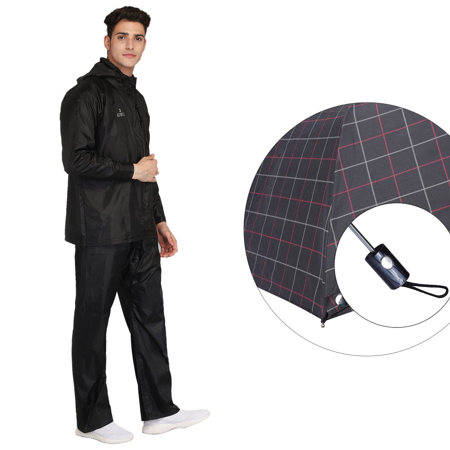 THE CLOWNFISH Polyester Combo Of Standard Length Rain Coat For Men Waterproof Polyester (Black Xl) Umbrella 3 Fold Waterproof Pongee (Checks Design- Dark Pink)