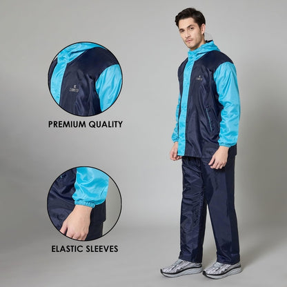 THE CLOWNFISH Raincoats for Men Waterproof Reversible for Bike Double Layer with Hood Rain Coat for Men. Set of Top and Bottom. Color Block Series (Dark Blue/Light Blue, XL)