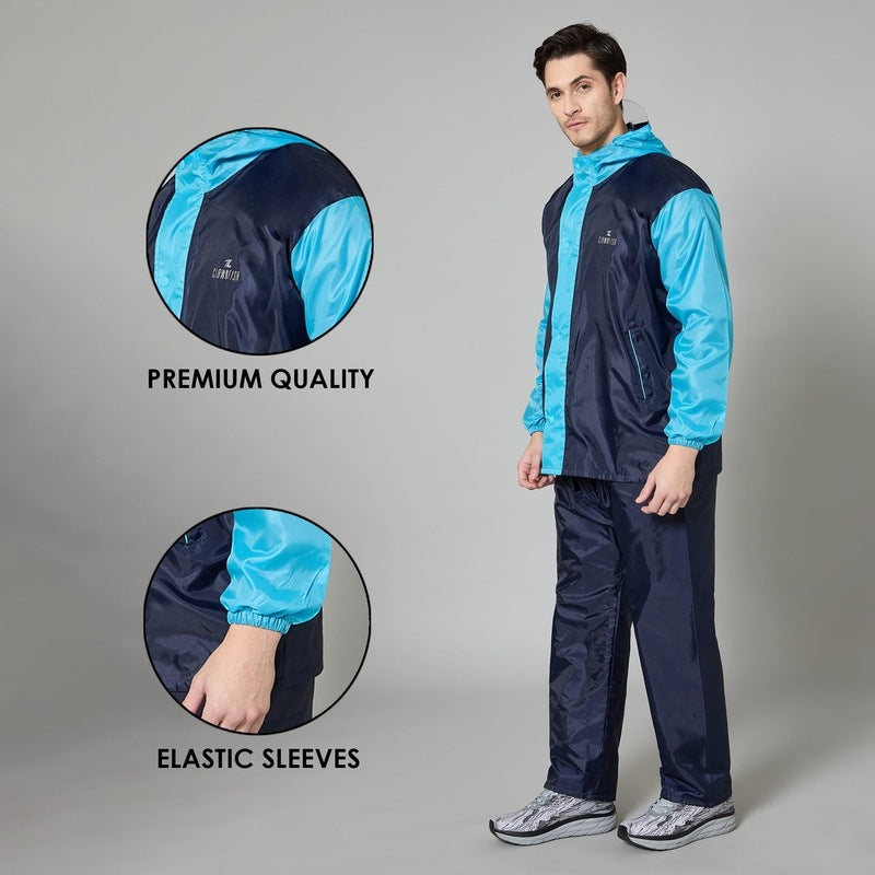 THE CLOWNFISH Raincoats for Men Waterproof Reversible for Bike Double Layer with Hood Rain Coat for Men. Set of Top and Bottom. Color Block Series (Dark Blue/Light Blue, 3XL)