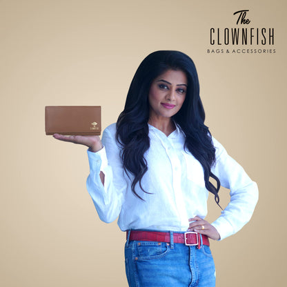 THE CLOWNFISH Elsa Collection Genuine Leather Tri-Fold Womens Wallet Clutch Ladies Purse with Multiple Card Slots & ID Card Windows (Dark Brown)