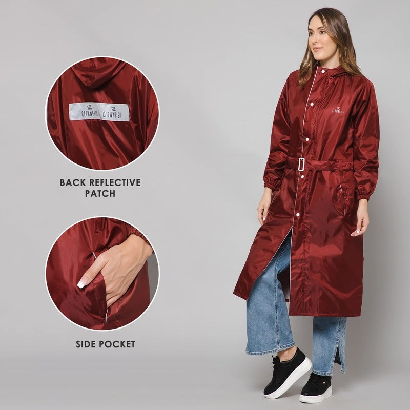 THE CLOWNFISH Polyester Raincoats For Women Raincoat For Ladies Waterproof Reversible Double Layer. Drizzle Diva Series (Maroon, X-Large)