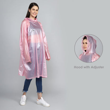 THE CLOWNFISH Avalon Series Womens Waterproof PVC Transparent Self Design Pullover Longcoat/Raincoat with Adjustable Hood (Pink, XX-Large)