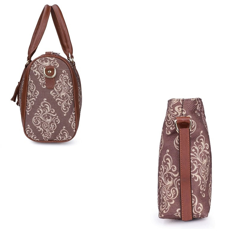 The Clownfish Combo of Lorna Printed Handicraft Fabric Handbag and Aahna Polyester Crossbody Sling bag for Women (Brown)