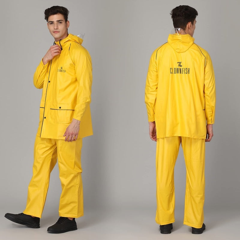 THE CLOWNFISH Roberto Series PVC Rain Coat for Men Waterproof for Bike with Hood Raincoat for Men. Set of Top and Bottom Packed in a matching Storage Bag (Yellow with black piping, X-Large)