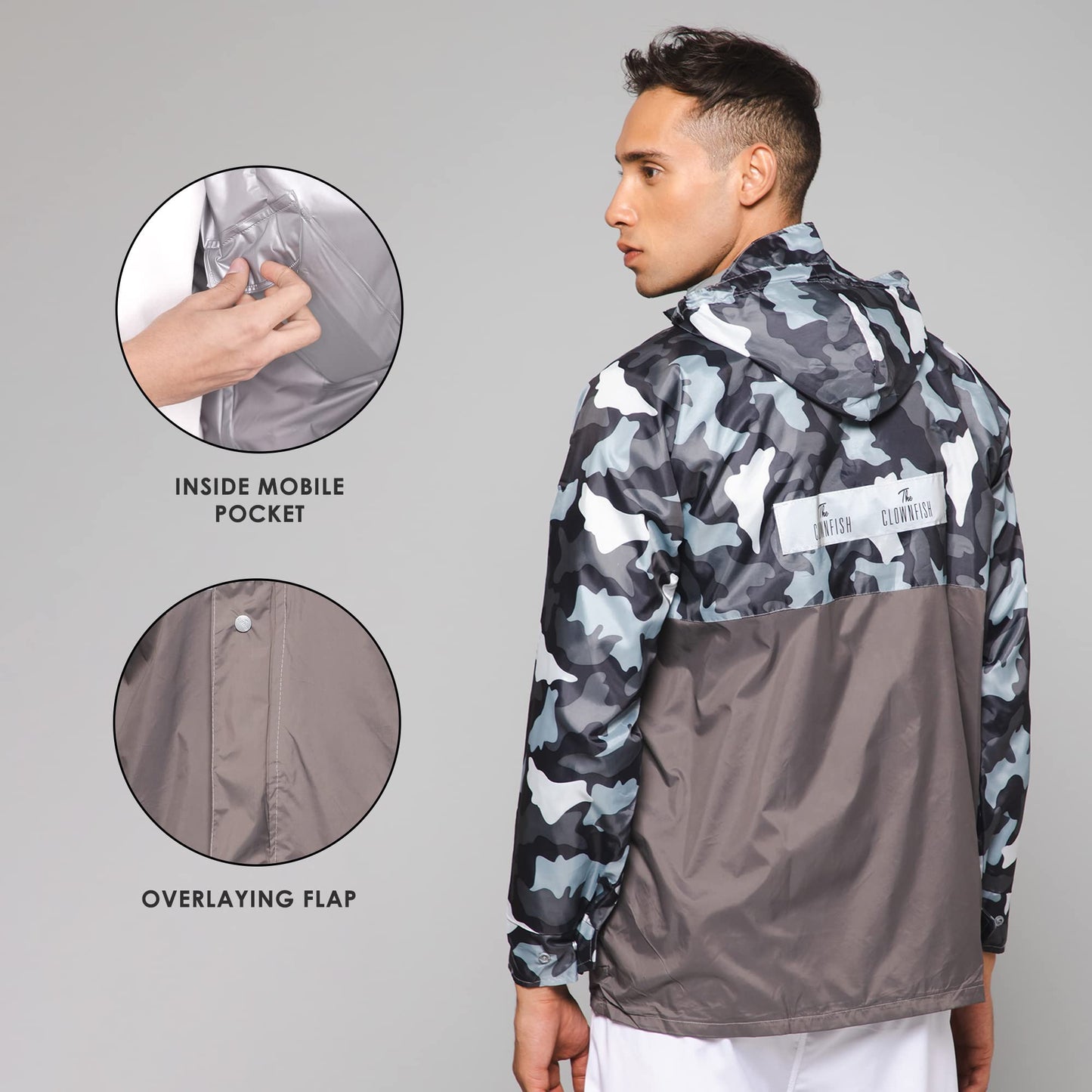 THE CLOWNFISH Napoleon Series Men's Waterproof Nylon Double Coating Reversible Rain Jacket with Hood and Reflector Logo at Back. Printed Plastic Pouch with Rope (Grey, Large)