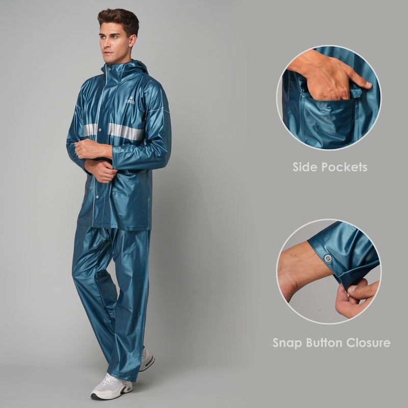 THE CLOWNFISH Rain Coat for Men Waterproof for Bike Raincoat for Men with Hood PVC Material. Set of Top and Bottom. Azure Pro Series (Bright Turquoise, X-Large)