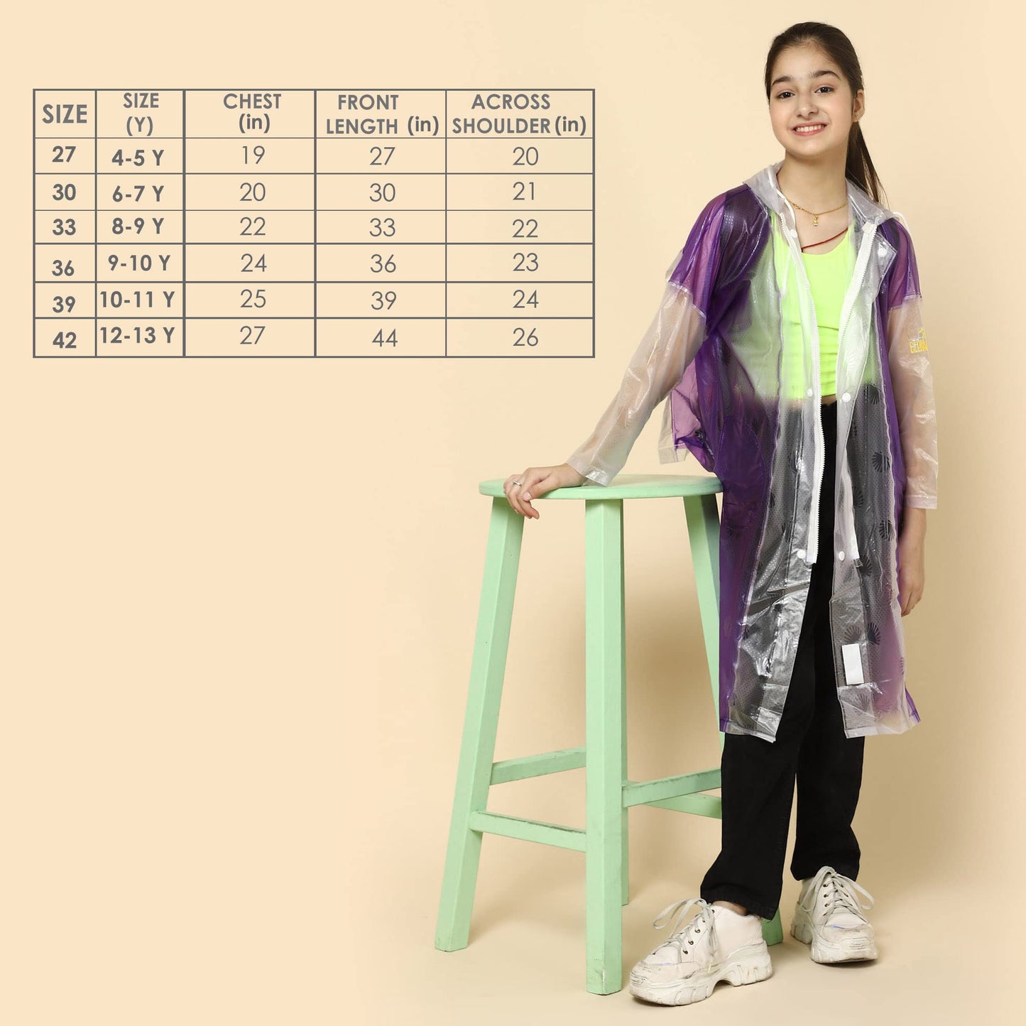 THE CLOWNFISH Laurel Series Kids Waterproof PVC Longcoat with Adjustable Hood & Extra Space for Backpack/Schoolbag Holding. Printed Plastic Pouch. Kid Age-4-5 years (Size-27-Purple)