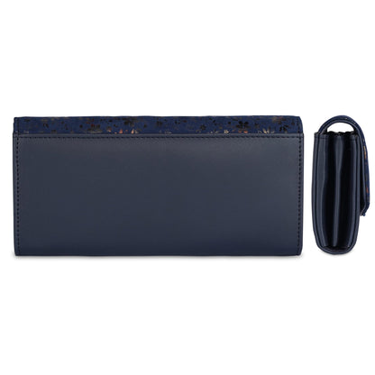 THE CLOWNFISH Jacinta Collection Womens Wallet Clutch Ladies Purse with Floral Design On Flap & Multiple Card Slots (Navy Blue)