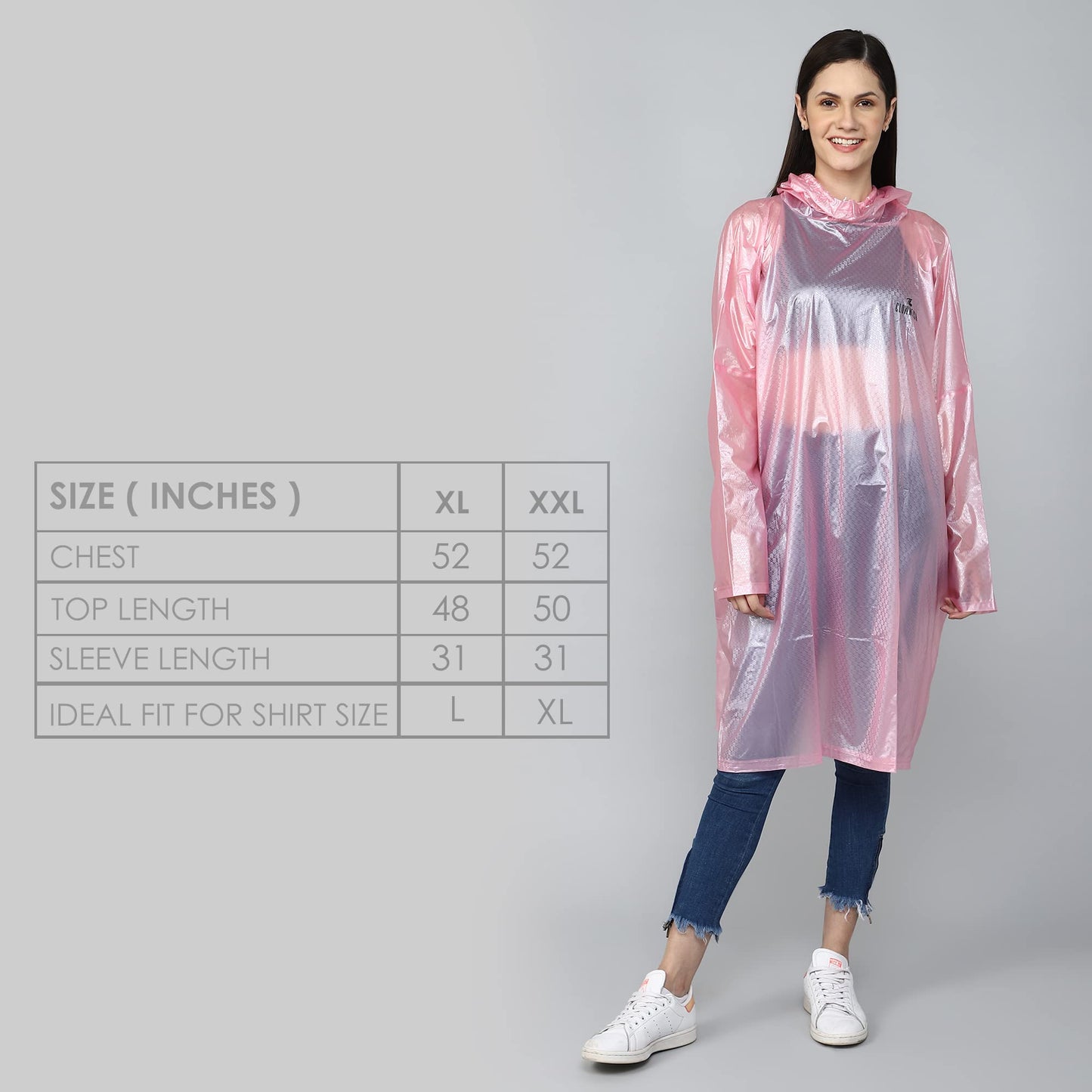 THE CLOWNFISH Avalon Series Womens Waterproof PVC Transparent Self Design Pullover Longcoat/Raincoat with Adjustable Hood (Pink, XX-Large)