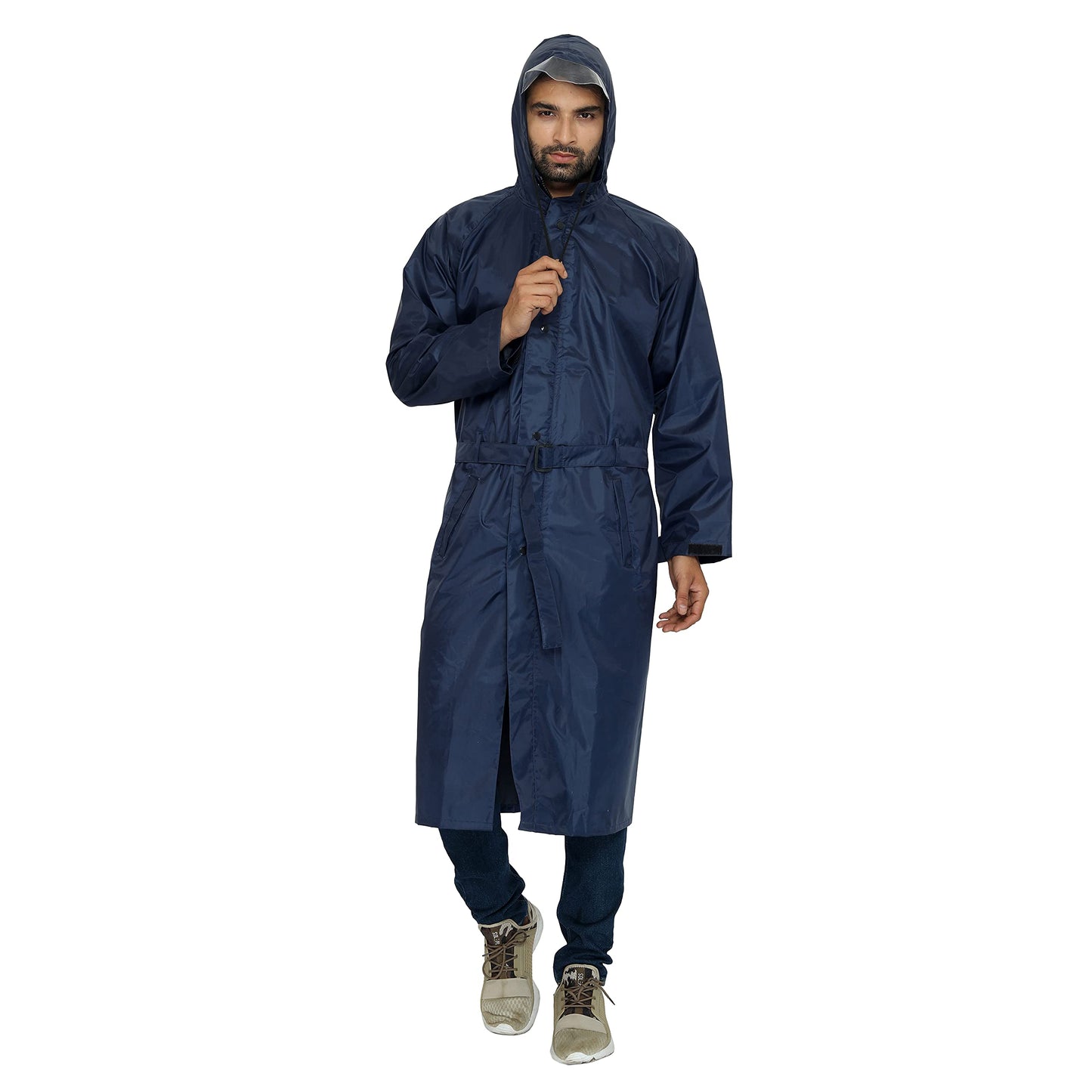 THE CLOWNFISH Mikado Series Unisex Waterproof Polyester Long Coat/Standard Length Raincoat With Adjustable Hood And Reflector Logo At Back For Night Visibility (Blue-Free Size), Black