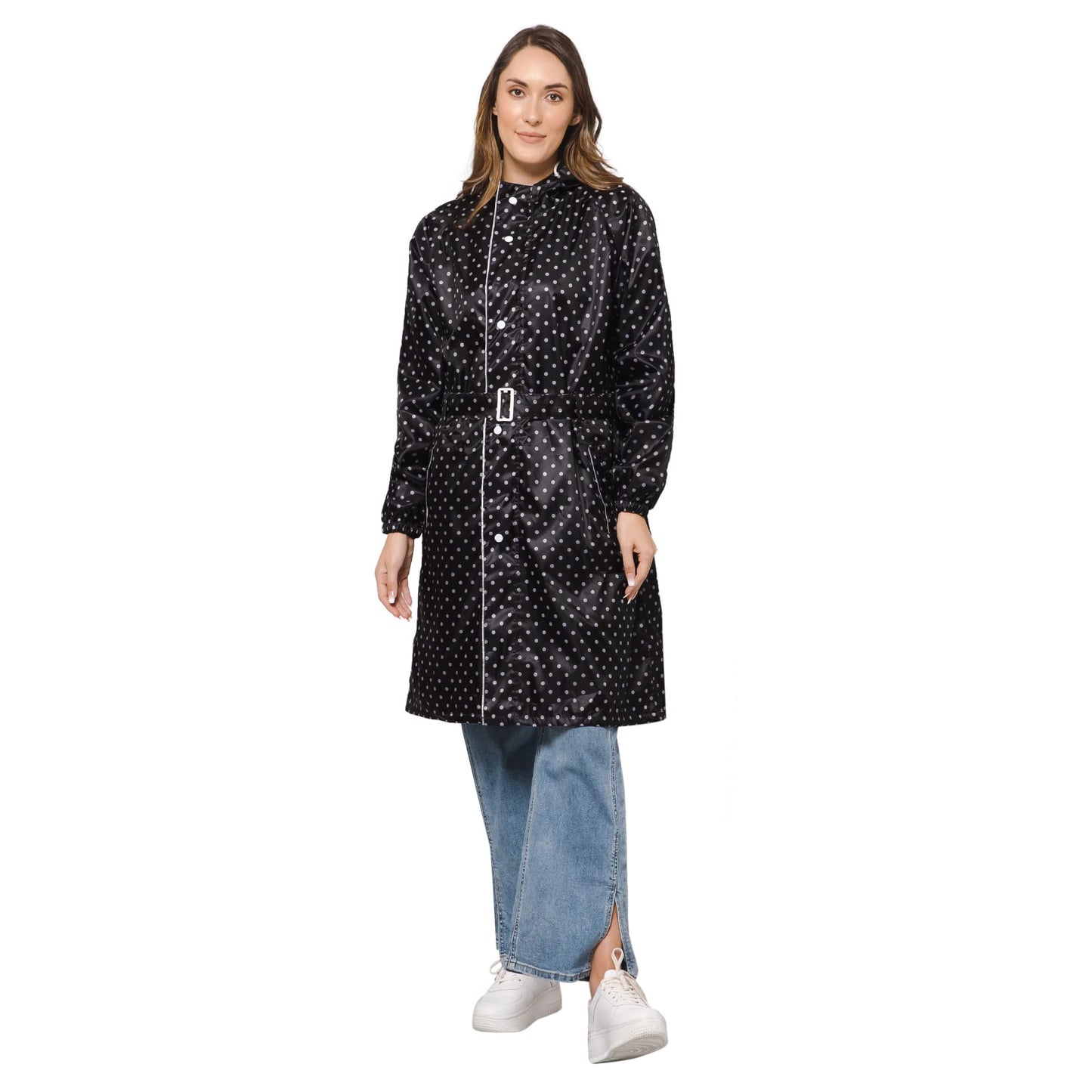 THE CLOWNFISH Raincoats for Women Rain Coat for Women Longcoat Raincoat for Ladies Waterproof Reversible Double Layer. Dotty Delight Series (Black, XX-Large)
