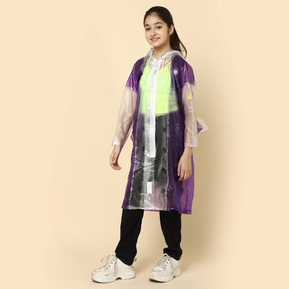 THE CLOWNFISH Laurel Series Kids Waterproof PVC Longcoat with Adjustable Hood & Extra Space for Backpack/Schoolbag Holding. Printed Plastic Pouch. Kid Age-4-5 years (Size-27-Purple)