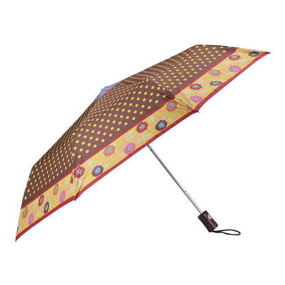 THE CLOWNFISH Umbrella Polka Dot Series 3 Fold Auto Open Waterproof Water Repellent Nylon Double Coated Silver Lined Umbrellas For Men and Women (Brown with yellow border)