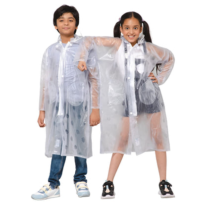 THE CLOWNFISH Storm Shield Series Unisex Kids Waterproof Single Layer PVC Longcoat/Raincoat with Adjustable Hood. Age-11-12 Years (Transparent White)
