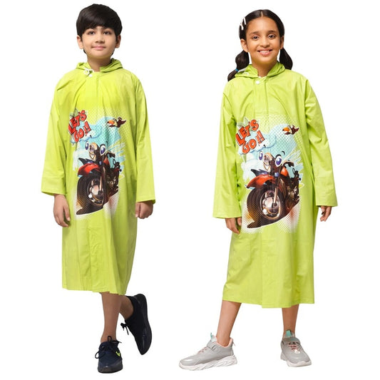 THE CLOWNFISH Toon Caper Series Kids Waterproof PVC Longcoat with Adjustable Hood & Extra Space for Backpack/Schoolbag Holding. Printed Plastic Pouch. Kid Age-3-4 years (Lime)