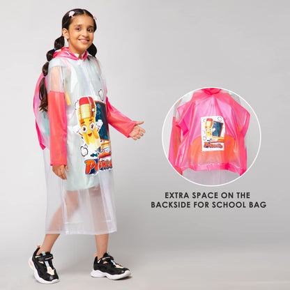THE CLOWNFISH Toon Caper Series Kids Waterproof PVC Longcoat with Adjustable Hood & Extra Space for Backpack/Schoolbag Holding. Printed Plastic Pouch. Kid Age-3-4 years (Milky White -Transparent)