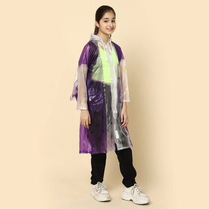 THE CLOWNFISH Simpson Series Kids Waterproof PVC Longcoat with Adjustable Hood & Extra Space for Backpack/Schoolbag Holding. Printed Plastic Pouch. Kid Age-4-5 years (Size-27-Purple)