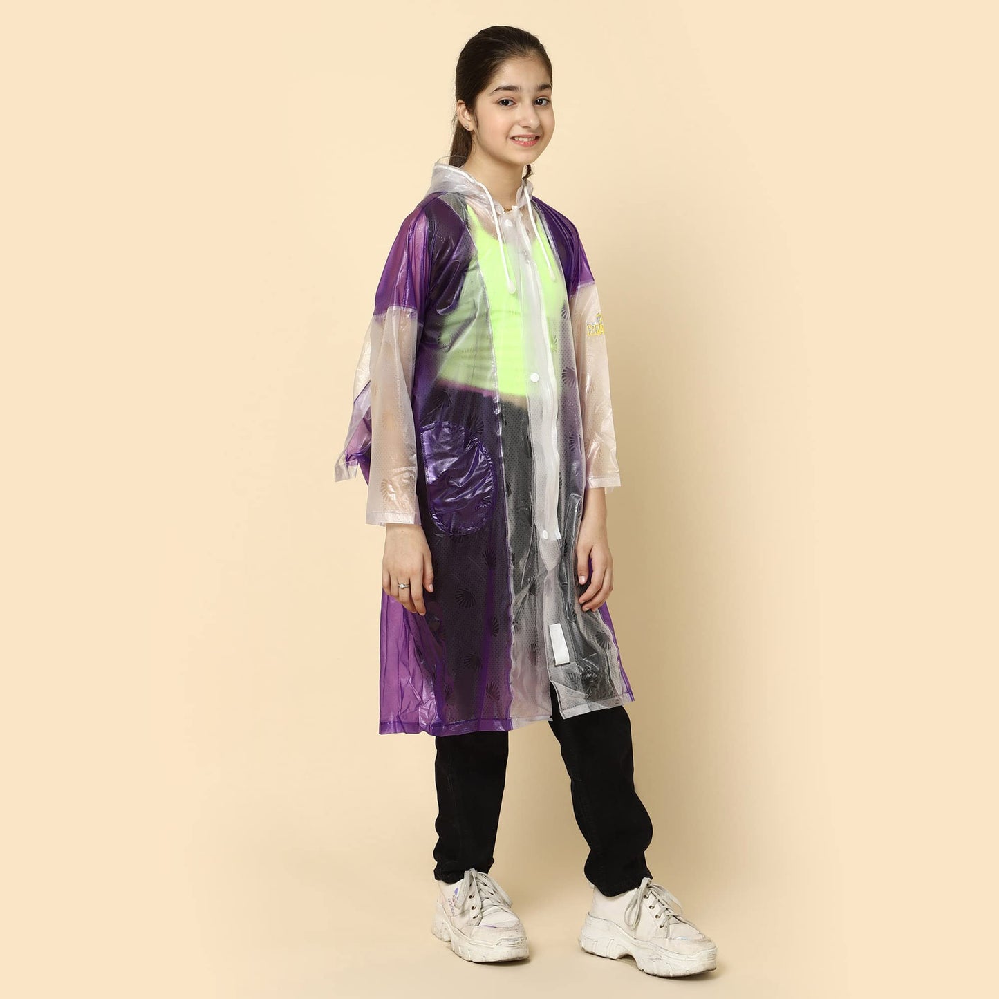 THE CLOWNFISH Laurel Series Kids Waterproof PVC Longcoat with Adjustable Hood & Extra Space for Backpack/Schoolbag Holding. Printed Plastic Pouch. Kid Age-4-5 years (Size-27-Purple)