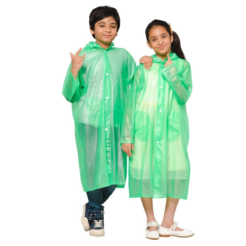 THE CLOWNFISH Wet & Wild Series Unisex Kids Waterproof Single Layer PVC Longcoat/Raincoat with Adjustable Hood. Age-3-4 Years (Fluoroscent Green)