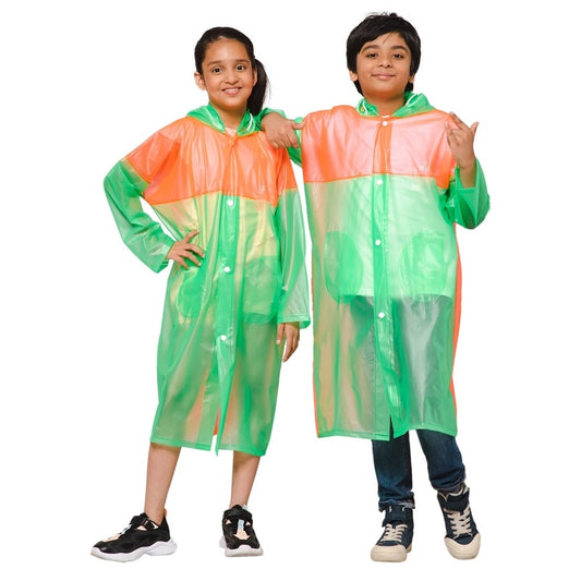 THE CLOWNFISH Puddle Jumper Series Unisex Kids Waterproof Single Layer PVC Longcoat/Raincoat with Adjustable Hood. Age-5-6 Years (Fluoroscent Green)