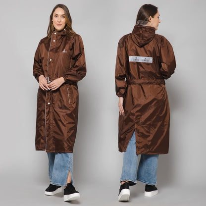 THE CLOWNFISH Polyester Raincoats For Women Rain Coat For Women Raincoat For Ladies Waterproof Reversible Double Layer. Drizzle Diva Series (Brown, Xxx-Large)