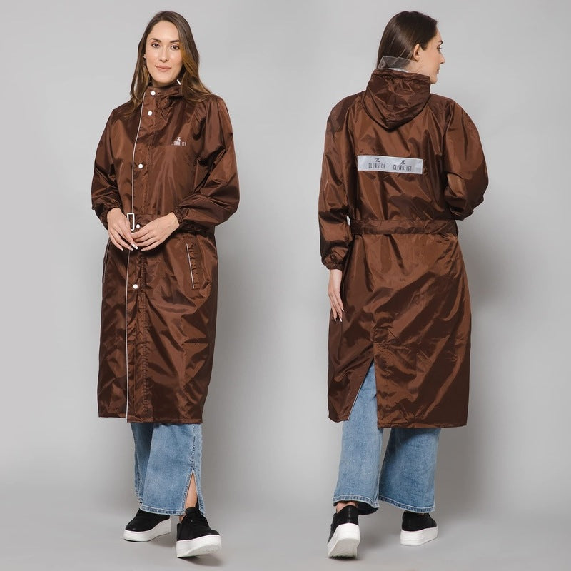 THE CLOWNFISH Polyester Raincoats For Women Raincoat For Ladies Waterproof Reversible Double Layer. Drizzle Diva Series (Brown, X-Large)