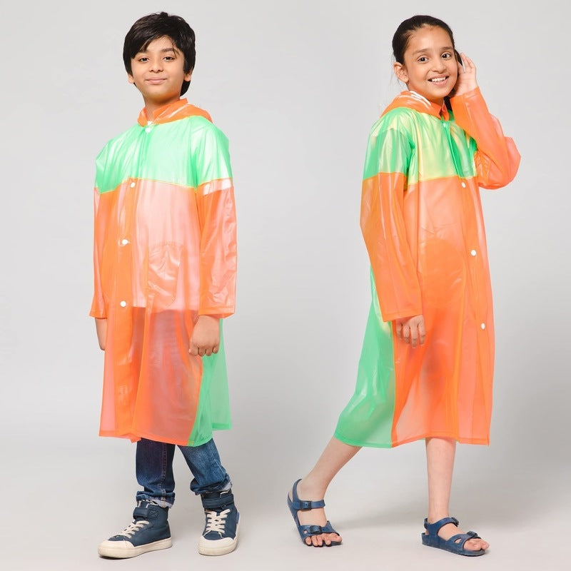 THE CLOWNFISH Puddle Jumper Series Unisex Kids Waterproof Single Layer PVC Longcoat/Raincoat with Adjustable Hood. Age-3-4 Years (Orange)