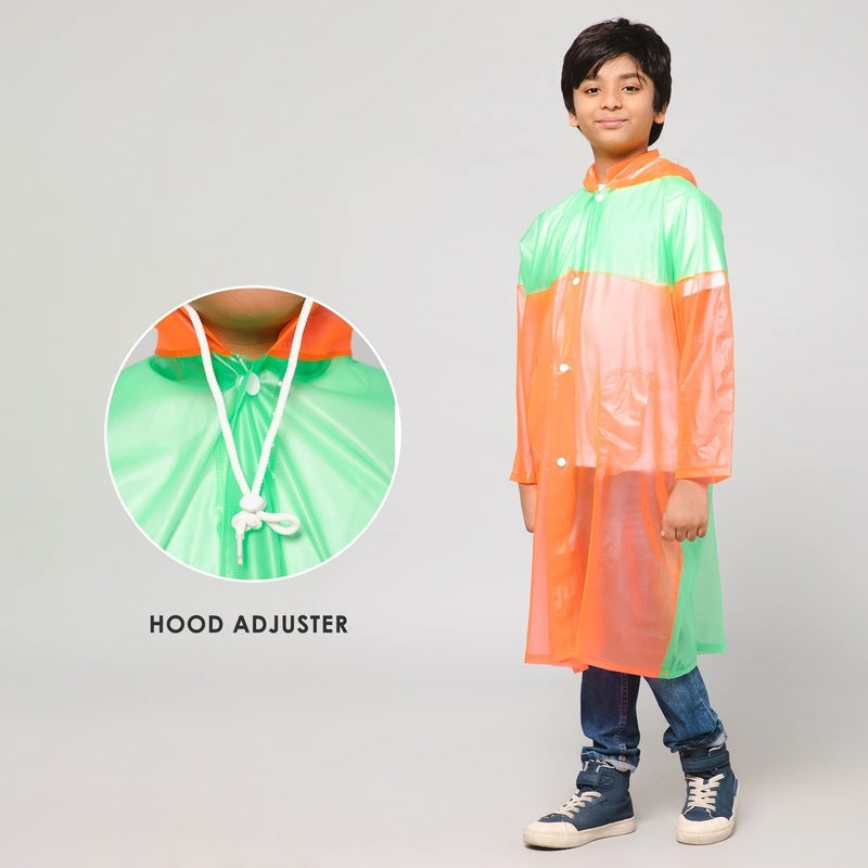 THE CLOWNFISH Puddle Jumper Series Unisex Kids Waterproof Single Layer PVC Longcoat/Raincoat with Adjustable Hood. Age-3-4 Years (Orange)