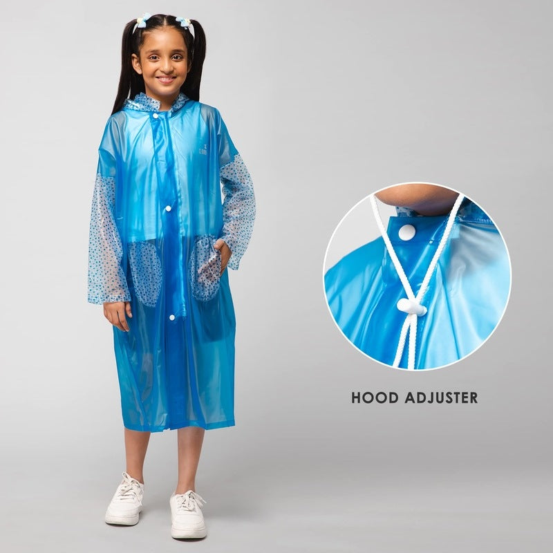 THE CLOWNFISH Shower Saver Series Unisex Kids Waterproof Single Layer PVC Longcoat/Raincoat with Adjustable Hood. Age-5-6 Years (Sky Blue)