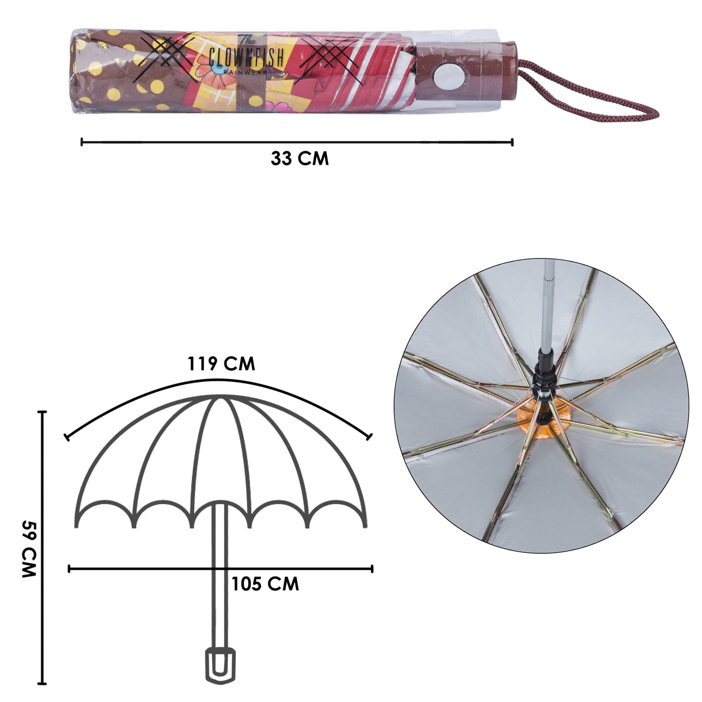 THE CLOWNFISH Umbrella Polka Dot Series 3 Fold Auto Open Waterproof Water Repellent Nylon Double Coated Silver Lined Umbrellas For Men and Women (Brown with yellow border)