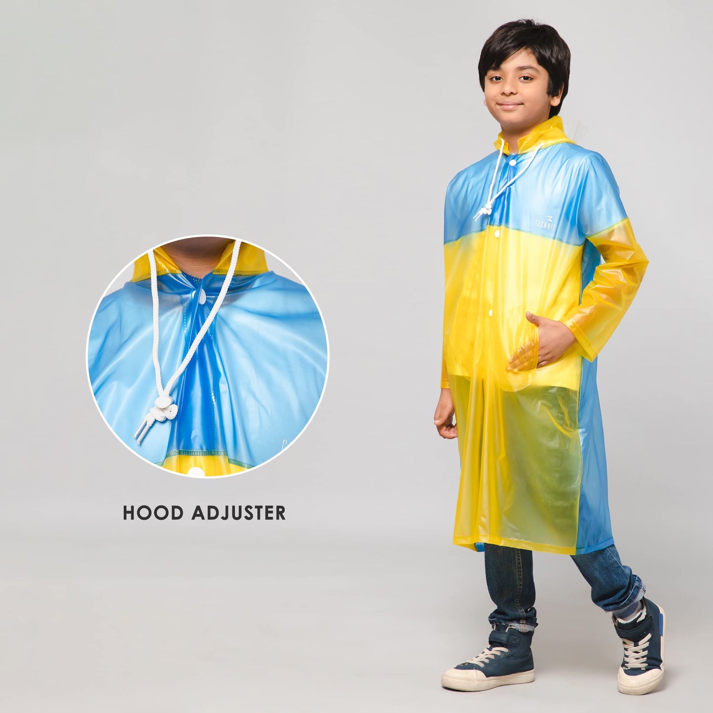 THE CLOWNFISH Puddle Jumper Series Unisex Kids Waterproof Single Layer PVC Longcoat/Raincoat with Adjustable Hood. Age-4-5 Years (Fluoroscent Blue)