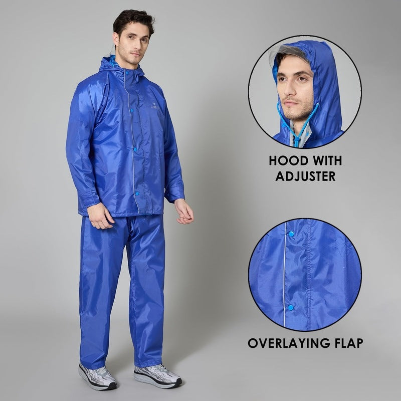 THE CLOWNFISH Rain Coat for Men Waterproof Raincoat with Pants Polyester Reversible Double Layer Rain Coat For Men Bike Rain Suit Rain Jacket Suit Inner Mobile Pocket with Storage Bag (Royal Blue XL)