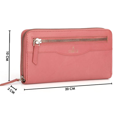 THE CLOWNFISH Eliana Collection Genuine Leather Zip Around Style Womens Wallet Clutch Ladies Purse with Card Holders (Pink)