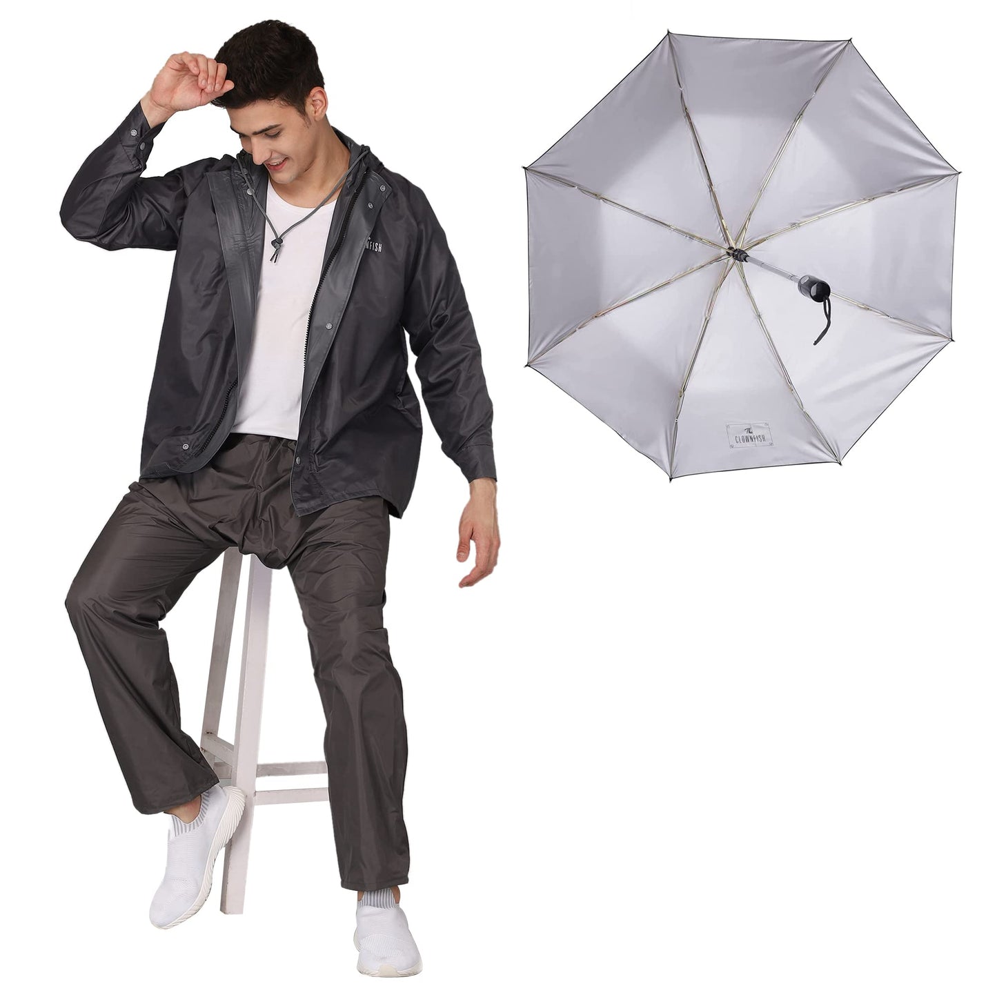 THE CLOWNFISH Combo Of Rain Coat for Men Waterproof Polyester (Grey XL) Umbrella Savior Series 3 Fold Waterproof Polyester (Black)