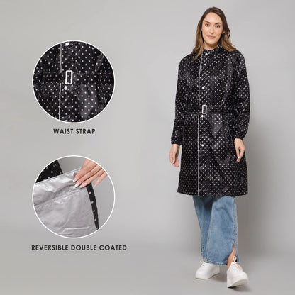 THE CLOWNFISH Raincoats for Women Rain Coat for Women Longcoat Raincoat for Ladies Waterproof Reversible Double Layer. Dotty Delight Series (Black, XXXX-Large)