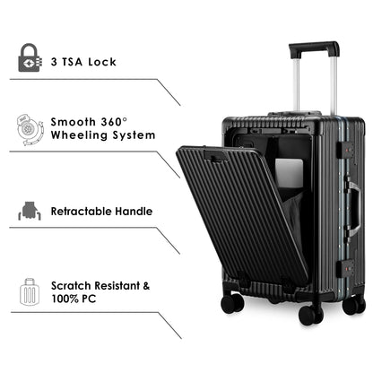 THE CLOWNFISH Ambassador Series Carry-On Luggage PolyCarbonate Hard Case Suitcase Eight Spinner Wheel Trolley Bag with TSA Lock, USB, Mobile Holder, Cup Holder- Black (56 cm-22 inch)