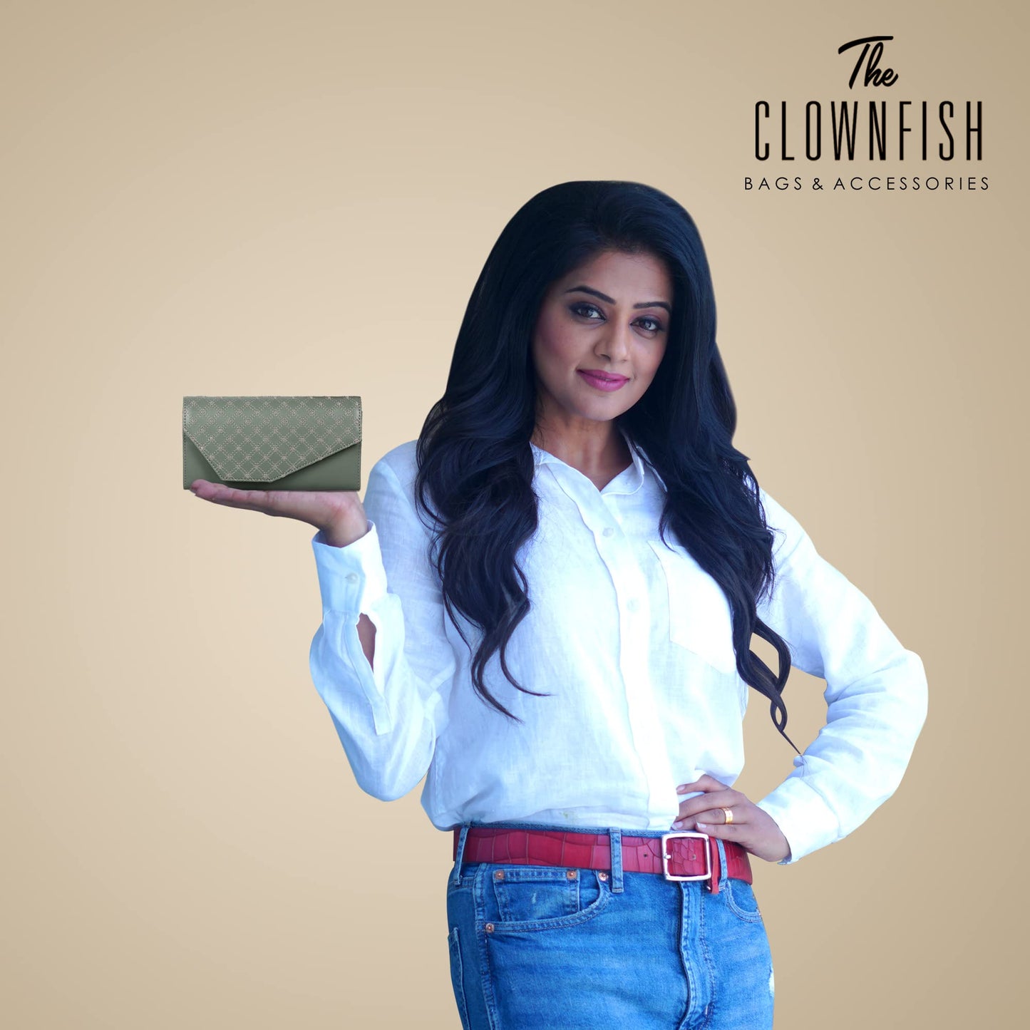 THE CLOWNFISH Helena Collection Womens Wallet Clutch Ladies Purse with Embroidery On Flap (Olive Green)