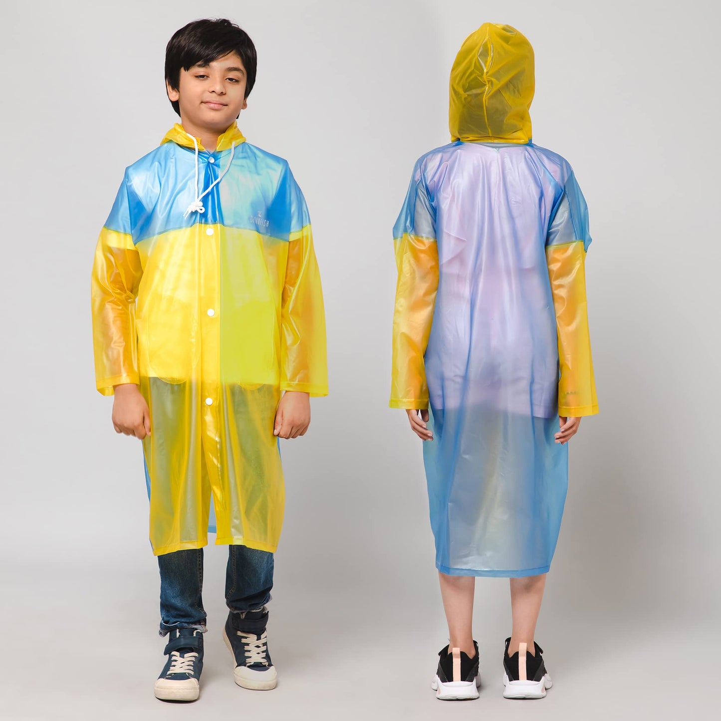 THE CLOWNFISH Puddle Jumper Series Unisex Kids Waterproof Single Layer PVC Longcoat/Raincoat with Adjustable Hood. Age-5-6 Years (Blue)
