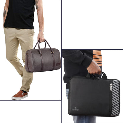 The Clownfish Combo of Lincoln Vegan Leather 29 L Travel Duffel Bag (Ash Grey) & Rex Series Polyester Unisex 15.6 inch Laptop Sleeve Tablet Case with Comfortable Carry Handles(Assorted colour)