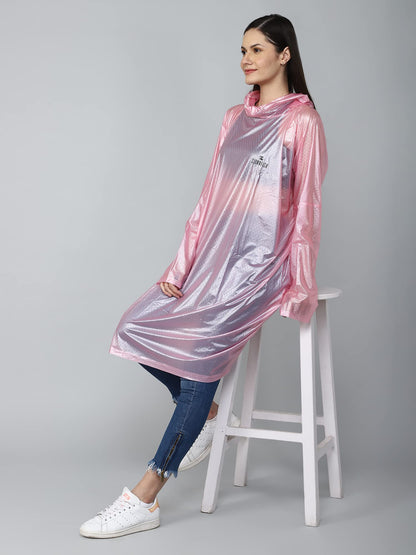 THE CLOWNFISH Avalon Series Womens Waterproof PVC Transparent Self Design Pullover Longcoat/Raincoat with Adjustable Hood (Pink, XX-Large)