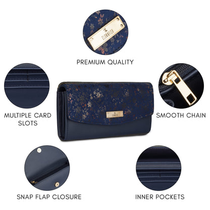 THE CLOWNFISH Jacinta Collection Womens Wallet Clutch Ladies Purse with Floral Design On Flap & Multiple Card Slots (Navy Blue)