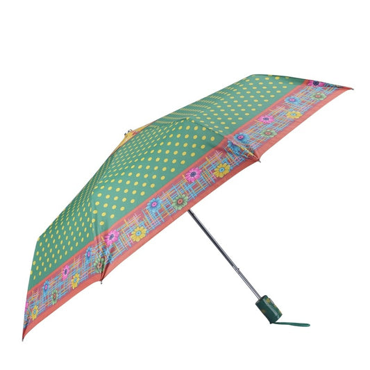 THE CLOWNFISH Umbrella Polka Dot Series 3 Fold Auto Open Waterproof Water Repellent Nylon Double Coated Silver Lined Umbrellas For Men and Women (Green with Peach border)