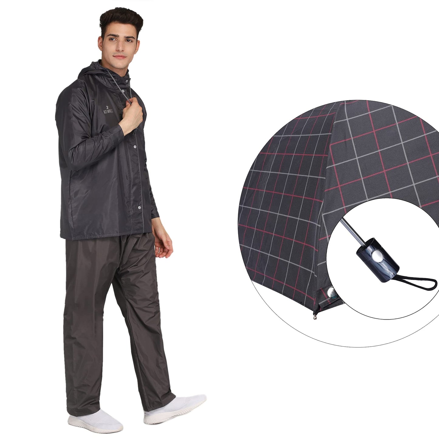 THE CLOWNFISH Polyester Combo Of Standard Length Rain Coat For Men Waterproof Polyester (Grey Xl) Umbrella 3 Fold Waterproof Pongee (Checks Design- Dark Pink), X Large