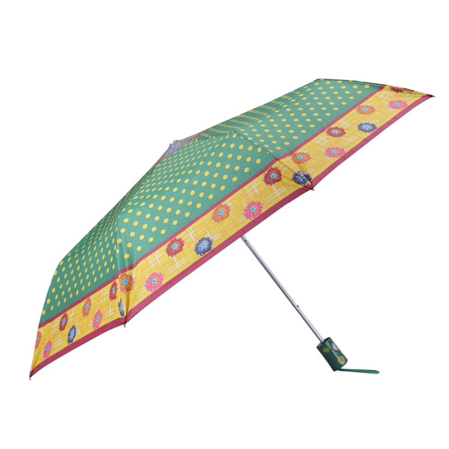 THE CLOWNFISH Umbrella Polka Dot Series 3 Fold Auto Open Waterproof Water Repellent Nylon Double Coated Silver Lined Umbrellas For Men and Women (Green with Yellow border)
