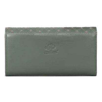 THE CLOWNFISH Helena Collection Womens Wallet Clutch Ladies Purse with Embroidery On Flap (Olive Green)