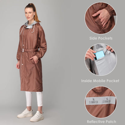 THE CLOWNFISH Polyester Long Length Raincoats For Women Waterproof Reversible Double Layer. Brilliant Pro Series (Brown, 2XL)